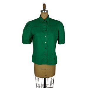 Vintage 80s Green Shirt Womens Large Puff Sleeve Pleated Short Sleeve Top
